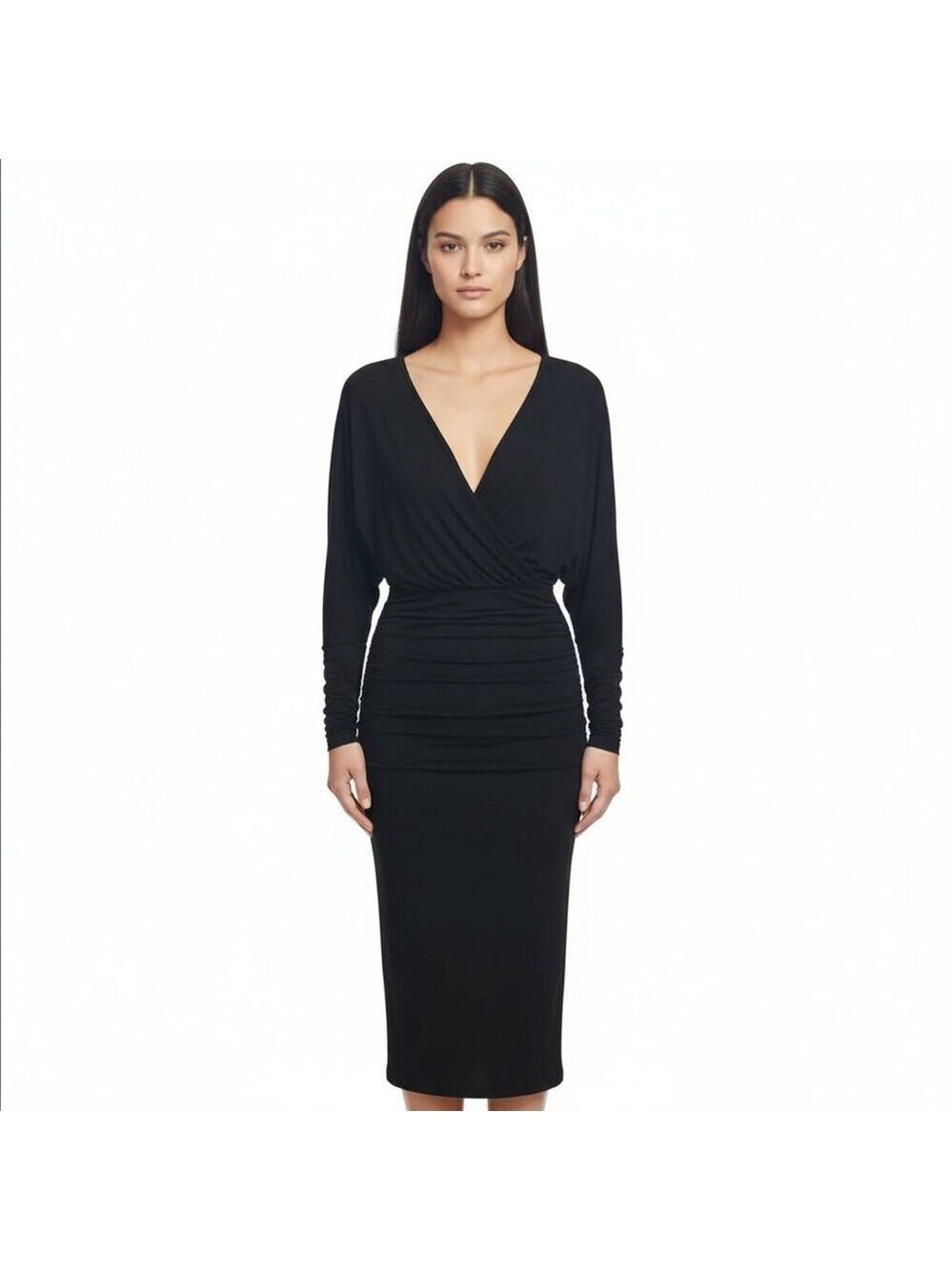 *Marciano Elegant Black Ruching Cut Out Bodycon Dress Batwing Sleeve XS